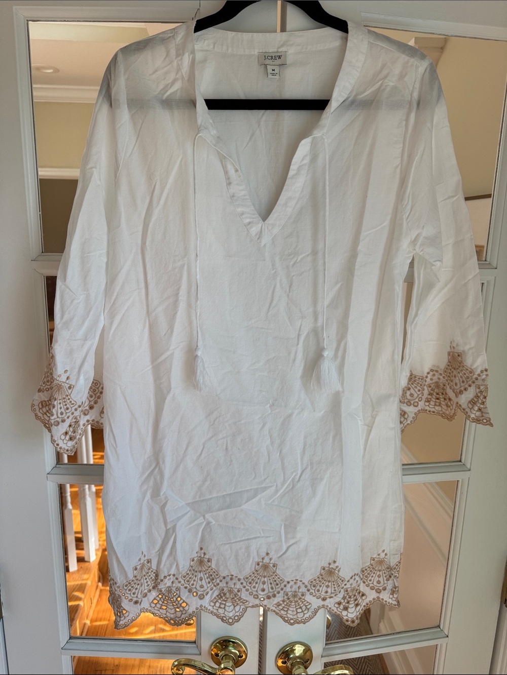 J. Crew White Cotton Cover Up with Tan Crochet Hem & Cuffs